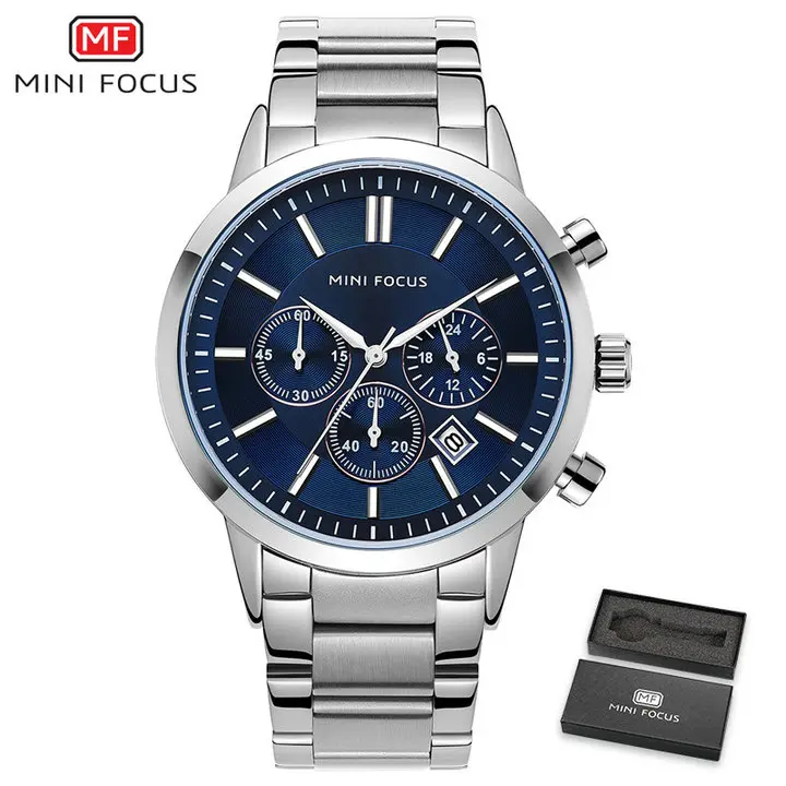 BOX SILVER BLUE Классические бизнес кварцевые мужские часы с мини-фокусом, ремешок из нержавеющей стали, 3 суб-циферблата, 6 стрелок, хронограф, мужские часы, лучший бренд класса люкс - Цвет: BOX SILVER BLUE