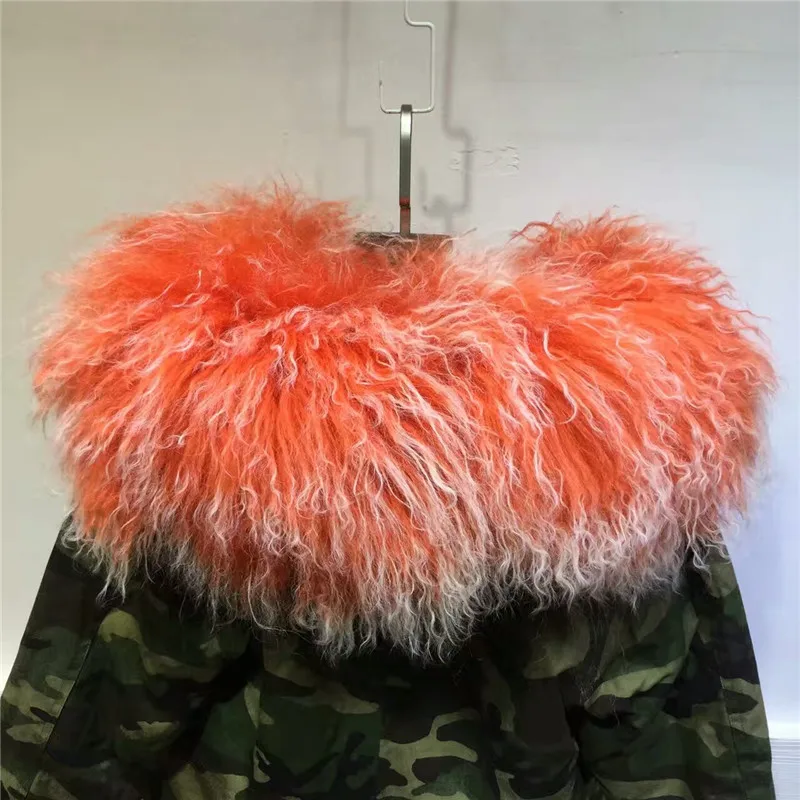 Thick warm winter women coats Mongolia Sheep Fur camouflage parka wool Mr Mrs orange with white lamb fur jacket | Женская одежда