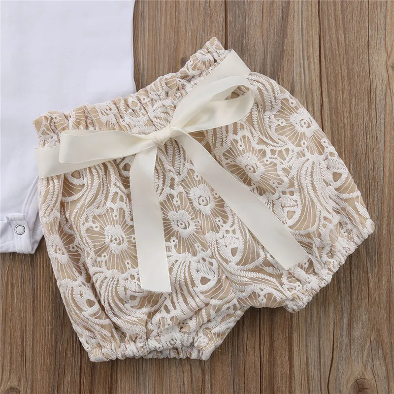 Pudcoco/хлопковое Белое Кружевное боди для новорожденных девочек + шорты с бантом