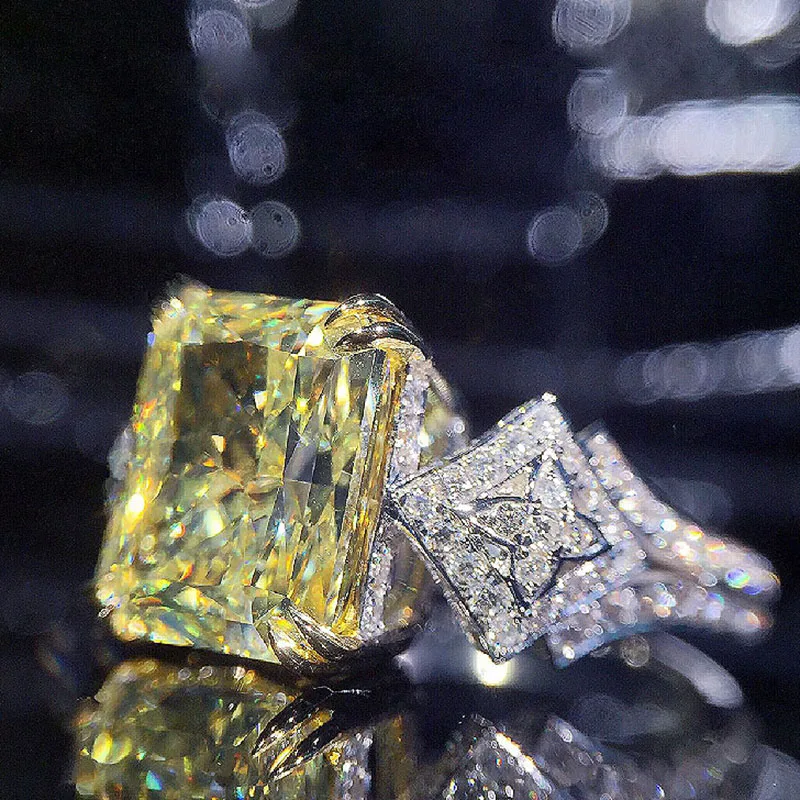 Цельное 18 к белое золото 1ct Середина желтый изумруд вырезанные боковые камни Муассанит кольцо для женщин лабораторное бриллиантовое кольцо обручальное кольцо