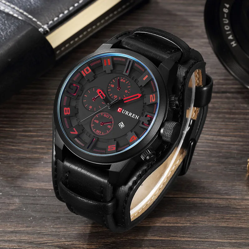 Black Black Red Curren Мужские часы Топ бренд Роскошные модные повседневные стимпанк Мужские часы с кожаным ремешком водонепроницаемые спортивные часы для мужчин - Цвет: Black Black Red