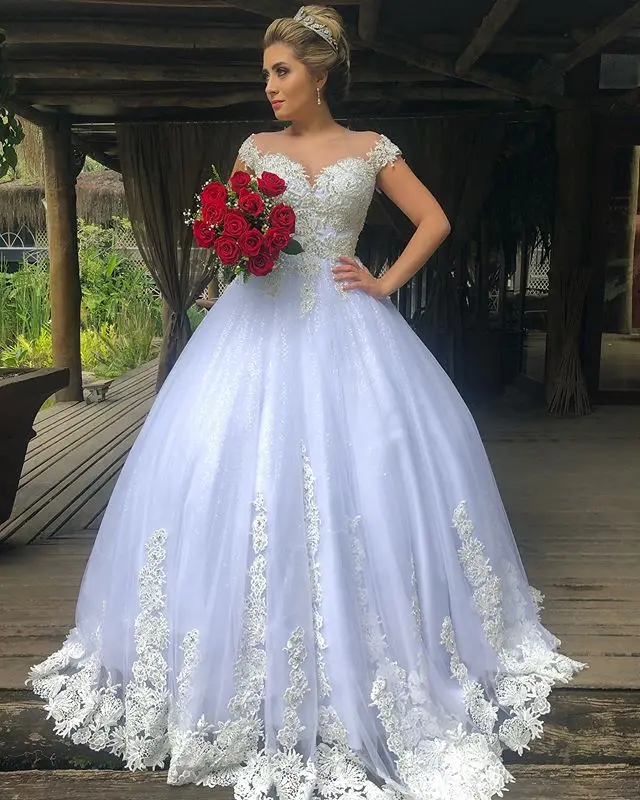

Robe De Mariee Luxury Lace Boat Neck Ball Gown Wedding Dresses Sheer Back Princess Illusion Applique Bridal Gowns Casamento