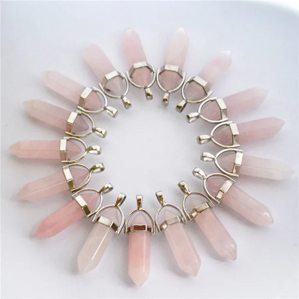 Rose quartz Новинка, лучшие продажи, натуральный камень, кристалл, столб, точечные подвески и ожерелья для изготовления ювелирных изделий Diy, 12 шт./лот - Окраска металла: Rose quartz