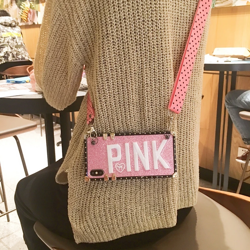 Luxury PINK Glitter Embroidery Leather Lanyard Brand Case for iPhone XR Max 7 8 6 s Plus X Samsung S8 S9 Note8 9 Secret |