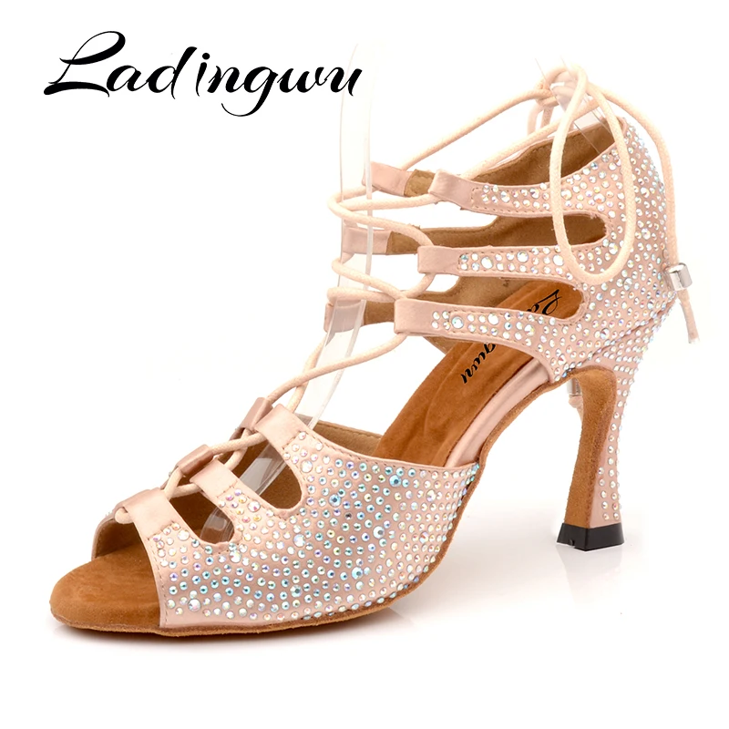 

Ladingwu Women Latin Dance Shoes Skin Satin Shining Big small rhinestone dancing shoes Narrow foot Adjust width Flare heel 9cm