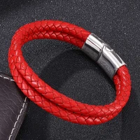 redblack double layer braided leather bracelet men fashion jewelry stainless steel magnetic clasp charm bangles gift
