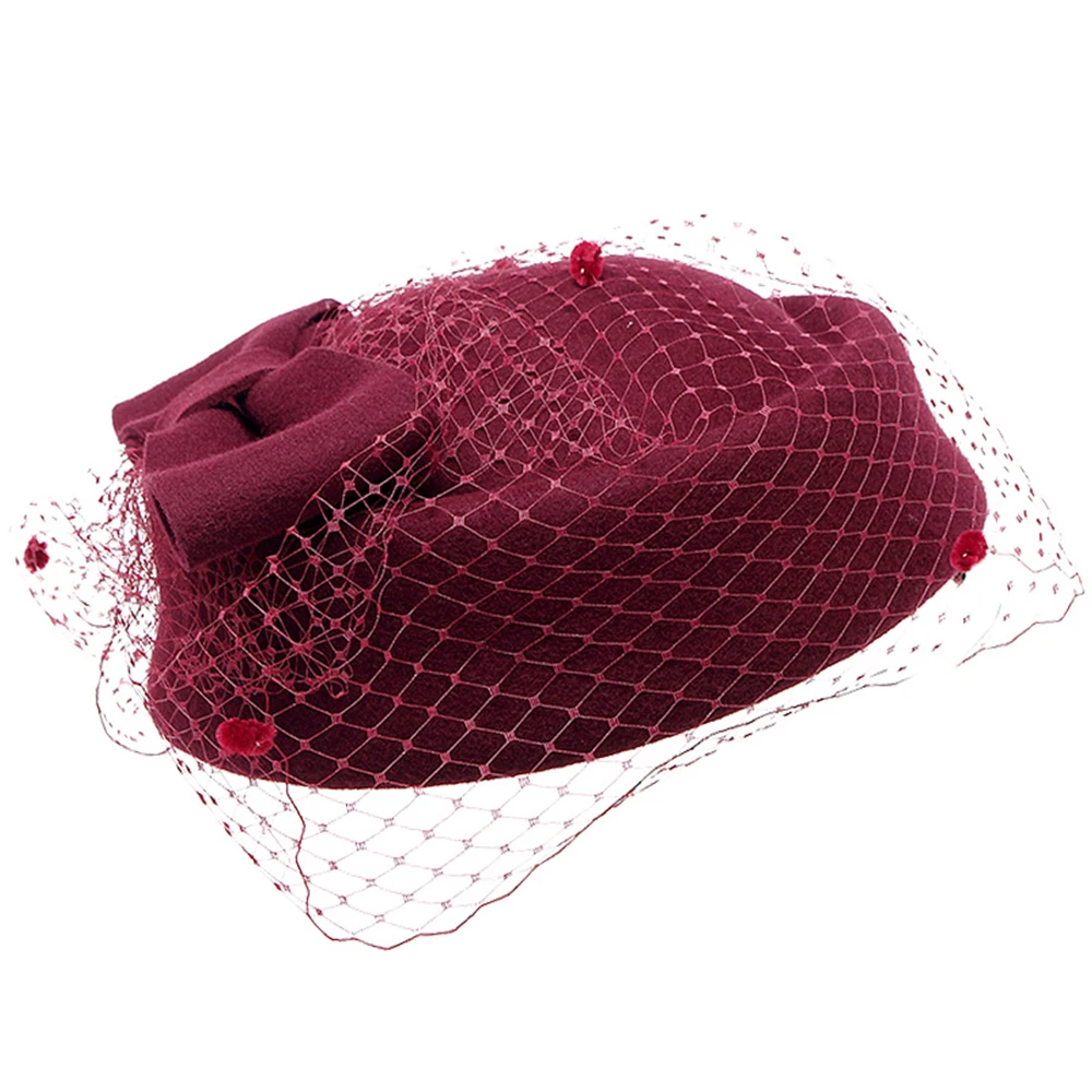 Fascinator Hats for Women Fedora Hats Black Red Autumn Winter Veil Wool Felt Pillbox Hat for Formal Cocktail Party Wedding Hat