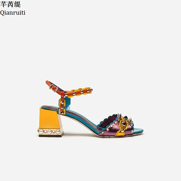 Qianruiti Printing Leather Women High Heels Sandals Open Toe Buckle Strap Pumps Studded Crystal Block Shoes | Обувь