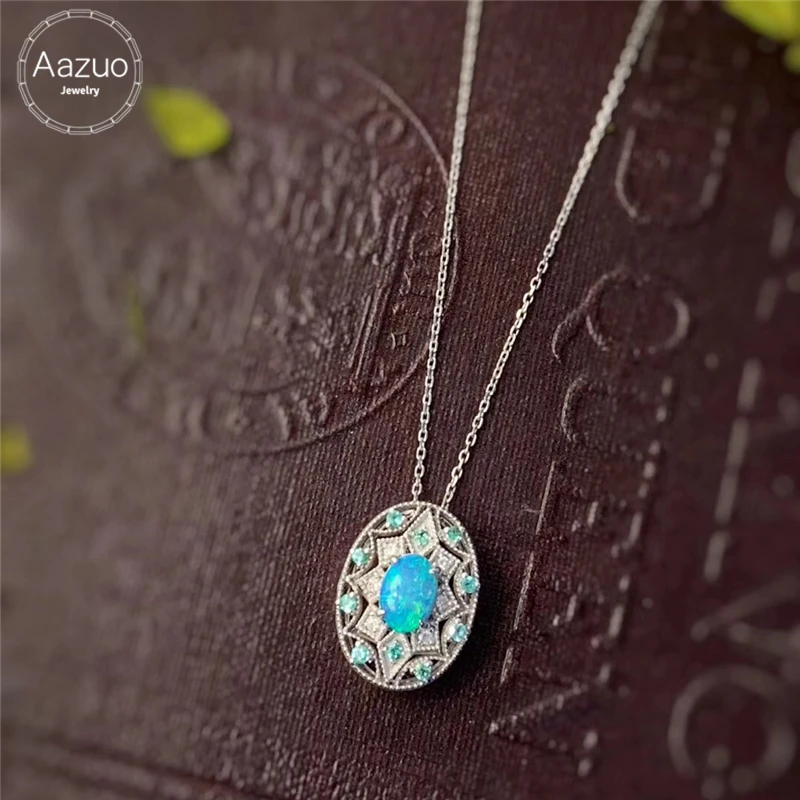 

Aazuo 18K Yellow Gold Natual Blue Opal Real Diamond Natural paraiba Necklace Gifted for Women Valentine's Day Christmas