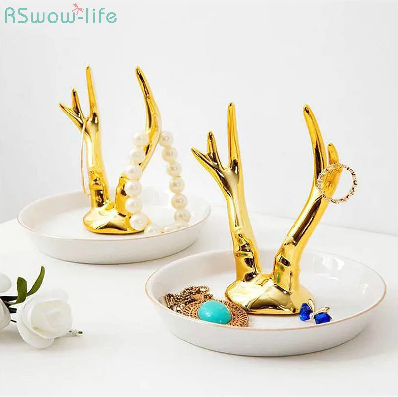 

European Ceramic Electroplated Jewelry Rack Necklace Pallet Golden Antler Receiving Plate Creative Ornaments Pottery Holder Deer
