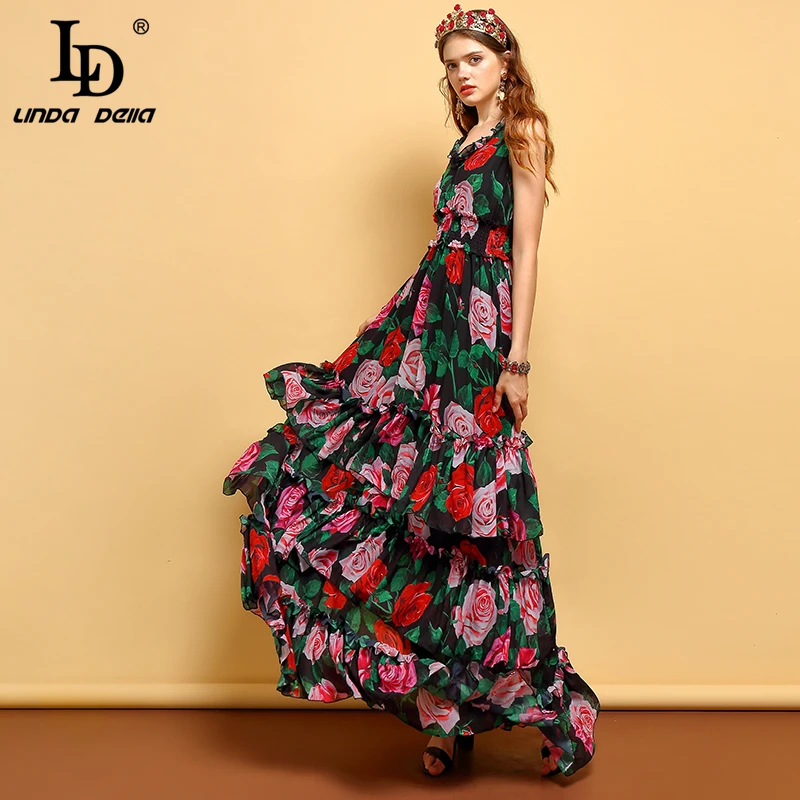 Женское платье макси LD LINDA DELLA винтажное длинное с эластичной талией и