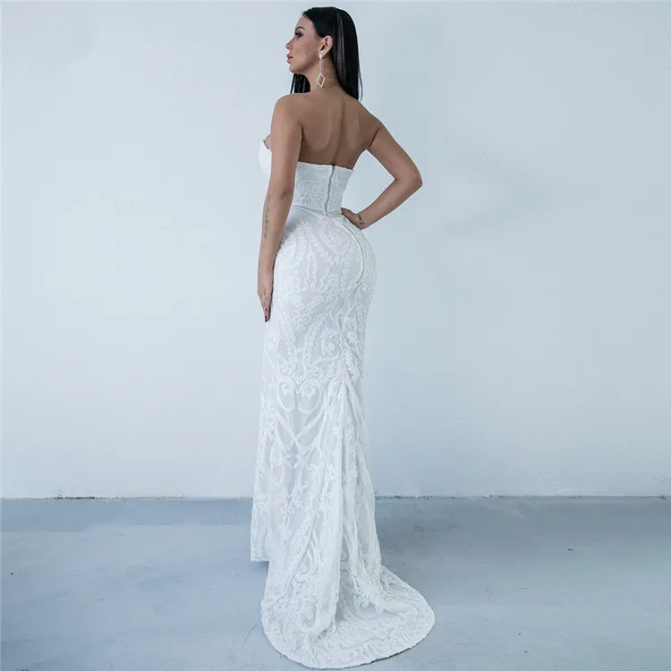 Tang Лето 2019 г. спинки Bodycon платье для женщин без бретелек длиной макси платья