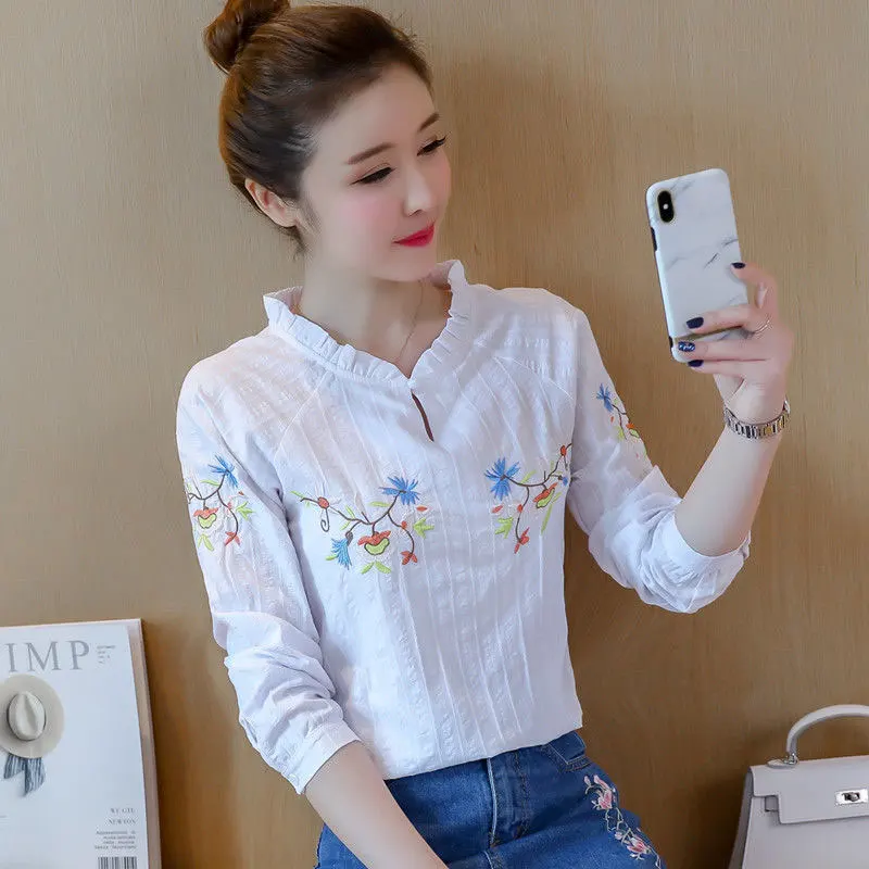 

Spring Summer Korea Fashion Women Shirt Plus Size Long Sleeve Floral Embroidery Blouse Loose Casual Cotton Ladies Tops D121