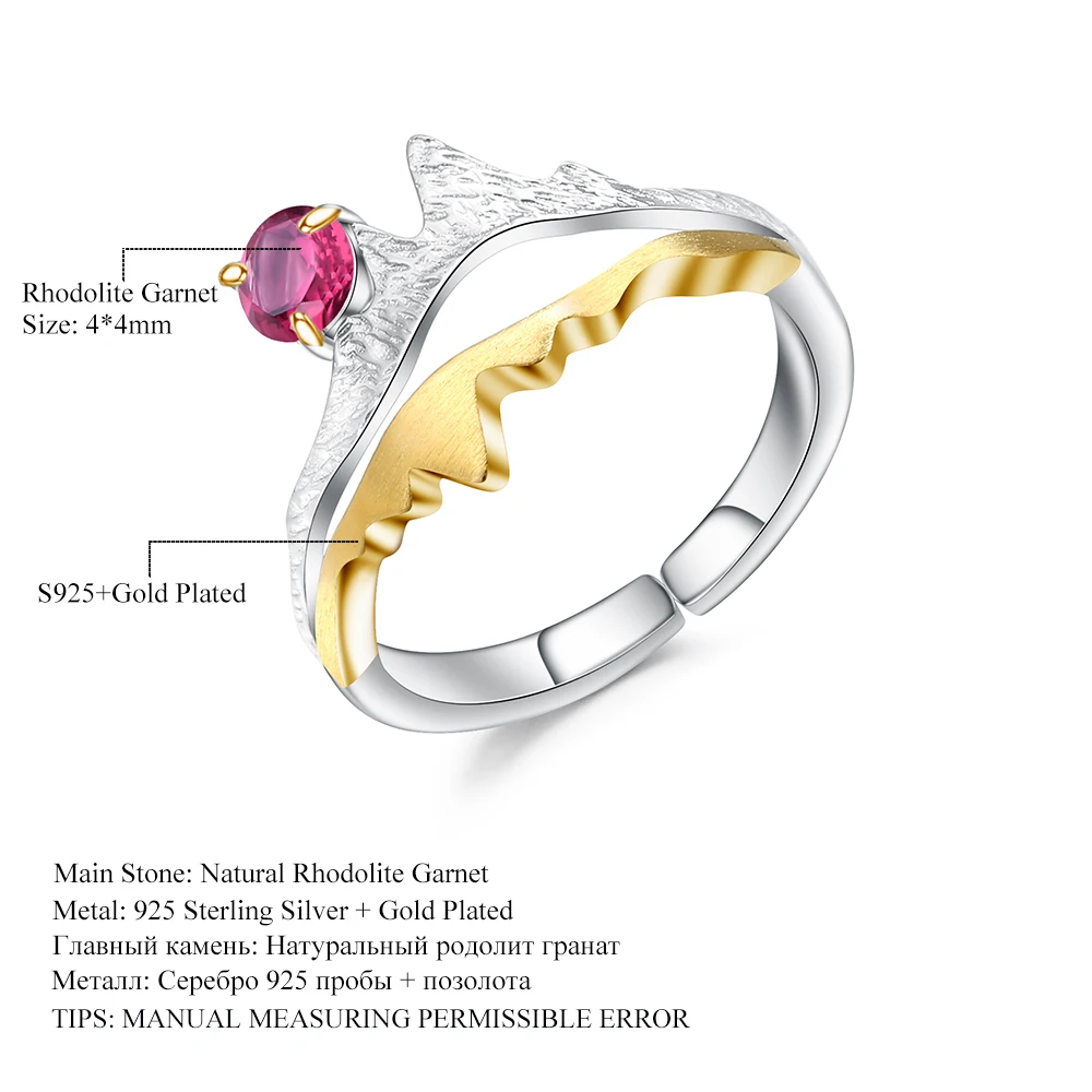 GEM'S BALLET 0.36Ct Natural Rhodolite Garnet Ring 925 Sterling Silver Handmade Adjustable Open Ring For Women Engagement Jewelry
