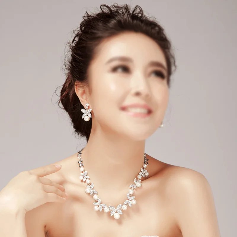 TREAZY Fashion Simulated Pearl Crystal Flower Necklace Earrings Tiara Bridal Jewelry Sets For Women Wedding Dress Accessories | Украшения и