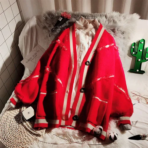 red cardigan Neploe размера плюс вязаный кардиган для женщин зимние теплые пальто одежда свободные большие карманы женский свитер Корейская мода Pull Femme - Цвет: red cardigan