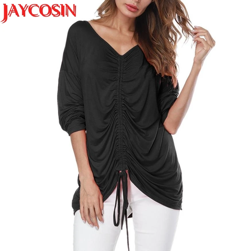 2018 футболка Для женщин глубокий v-образным вырезом бинты Длинные рукава