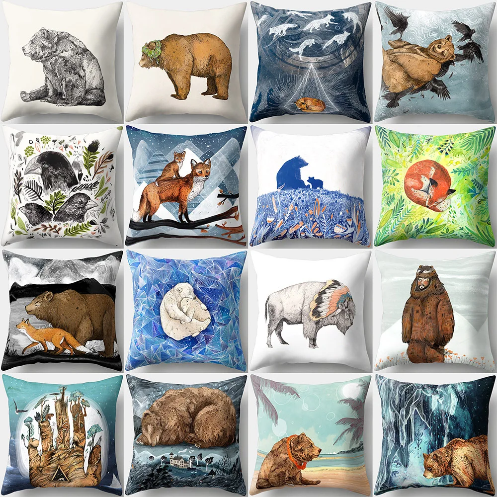Чехол на подушку с животным рисунком мультяшный медведь Лисичка персиковая кожа