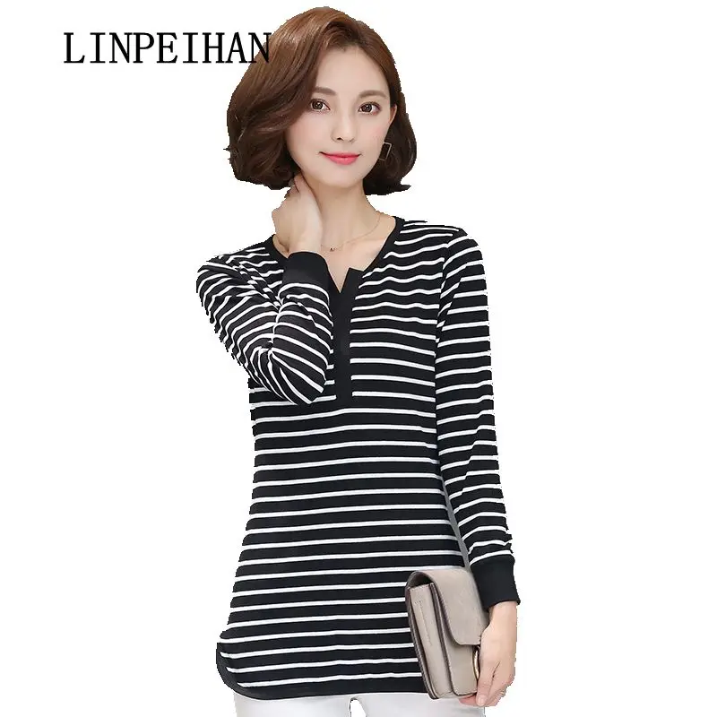 LINPEIHAN Трикотажные Хлопок Весна Осень Женские Блузки 2017 Мода Длинным Рукавом