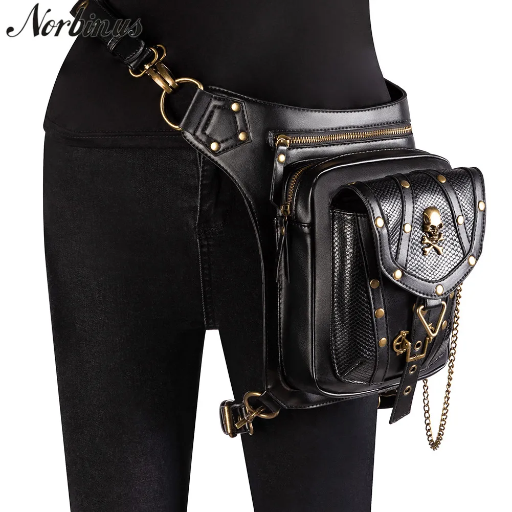 

Norbinus Skull Rivet Women Waist Fanny Packs Gothic Steampunk Drop leg Bag Men Motorcycle Thigh Bags PU Leather Shoulder Pouch