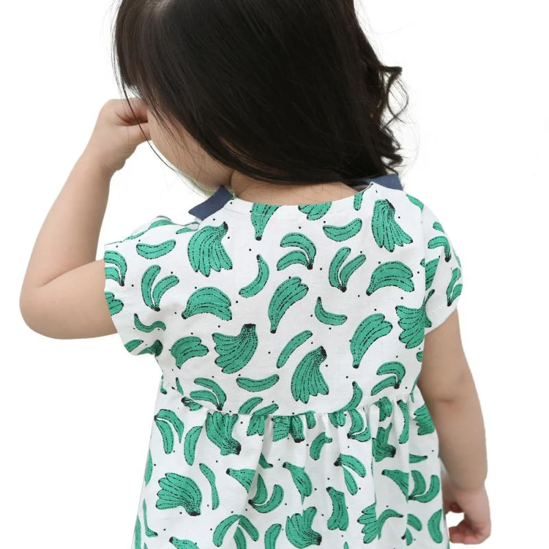 Summer Children Girl Peter Pan Collar Tutu Dress Green Banana Pattern Princess Short Sleeve Sundress | Детская одежда и обувь