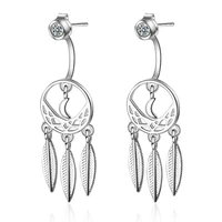 fashion 925 sterling silver moon dream catcher stud earrings for women vintage sterling silver feather tassels jewelry