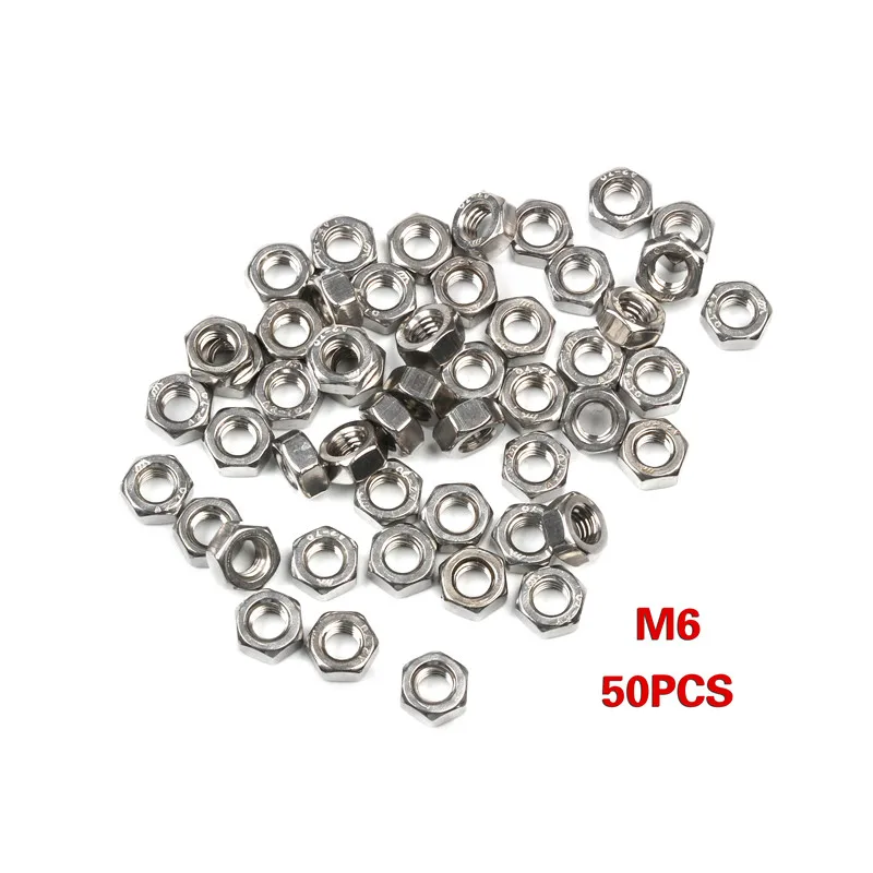 M6 50pcs 100 шт. M2 M3 M4 M5 M6 метрические резьбовые шестигранные гайки 304 Набор шестигранных гаек из нержавеющей стали - Цвет: M6 50pcs