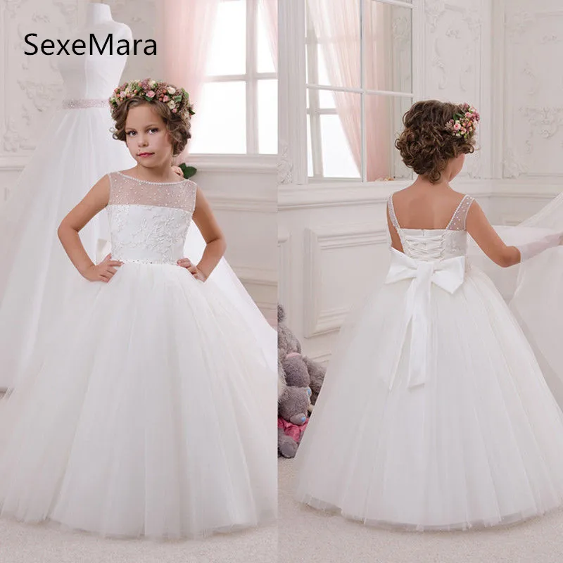 New White Flower Girls Dresses for Wedding Lace Beading with Bow Little Girls Pageant Gown First Communion Dress Custom Made