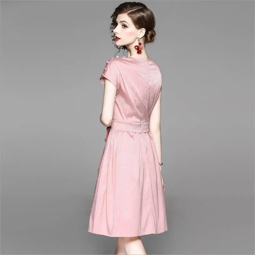 Офисные носит одежду Женщины платье розовый Кнопка line бисером платья на шнуровке