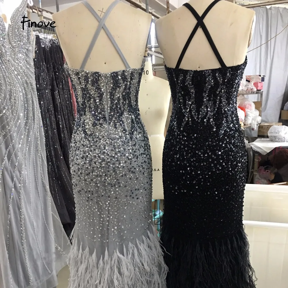 Finove Evening Dress 2019 New Design Spaghetti Strap Long With Beaded Feather Backless Elegant Gowns Party for Woman | Свадьбы и