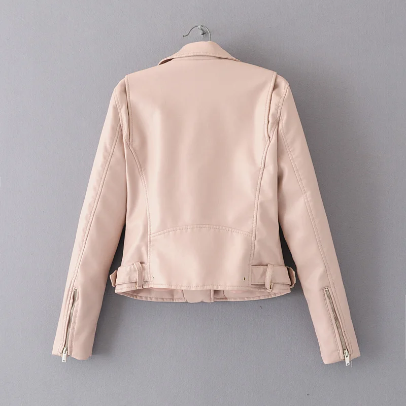 

FTLZZ New Spring Women Autumn Black Faux Leather Jackets Zipper Biker Coat Female Turn-down Collar Pink Casual Outerwear