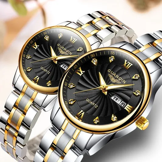 GUANQIN Fashion Couple Watch Set Luxury Men Women lovers Watch Stainless Steel Quartz Wrist Watch Women Clock Man Ladies Watch