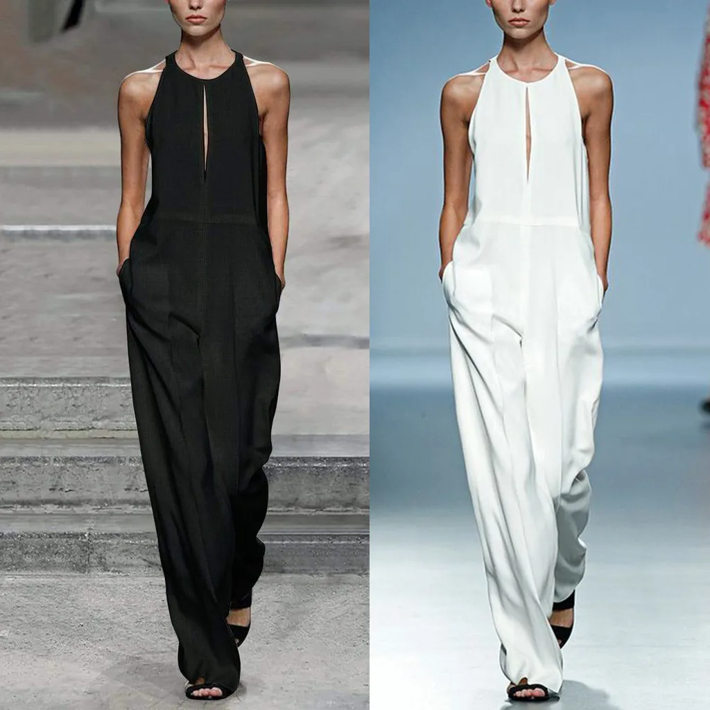 Женский Длинный комбинезон Modis однотонный без рукавов из хлопка и льна для работы