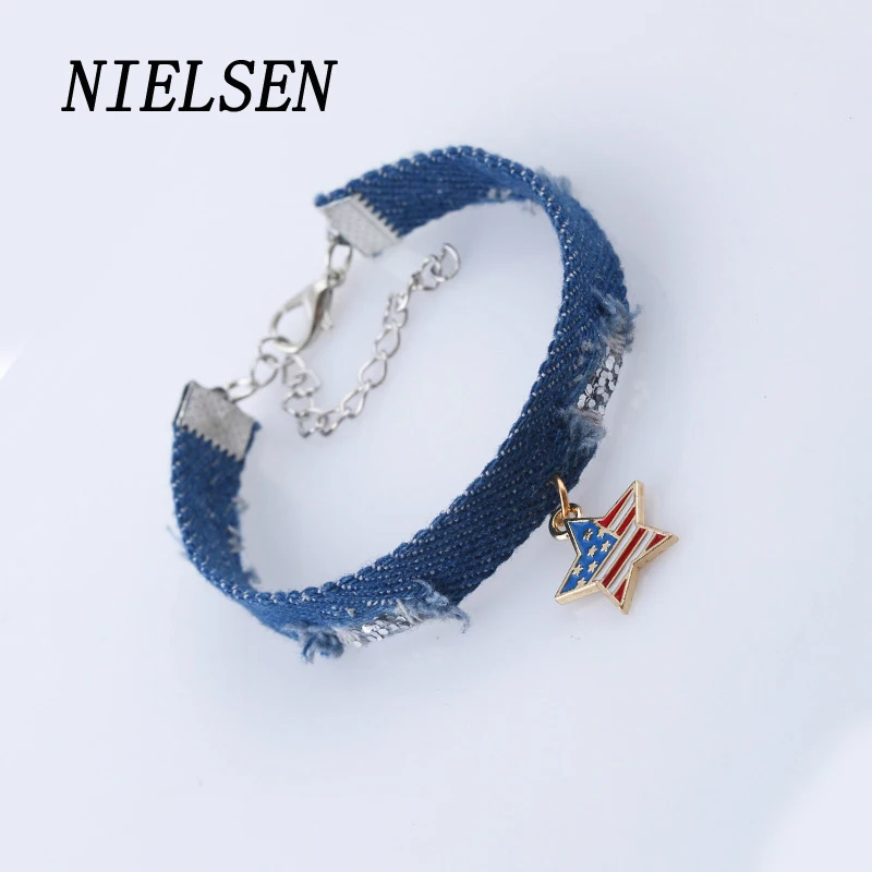 НИЛСЕН Новые пятиконечные браслеты из денима с американским флагом для мужчин и женщин, манжеты браслета для женщин, обернутые в виде якоря.
