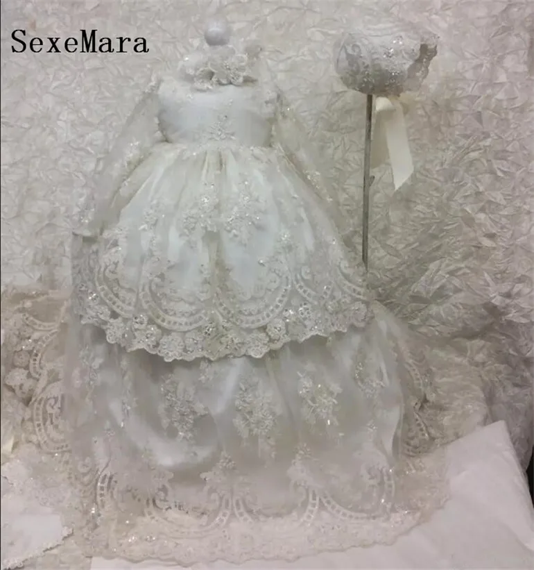 Heirloom Lace Appliqued Infant Birthday Gown Long Christening Dresses For Baby Girl With Sleeves Baptism Bonnet | Детская одежда и