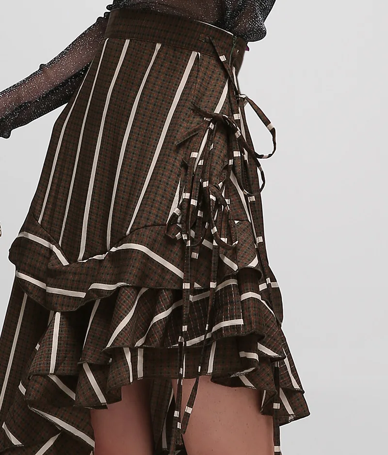 Cakucool Высокая Талия Юбки Полосатый Асимметричный Юбка Хаки Оборками Весна Лето