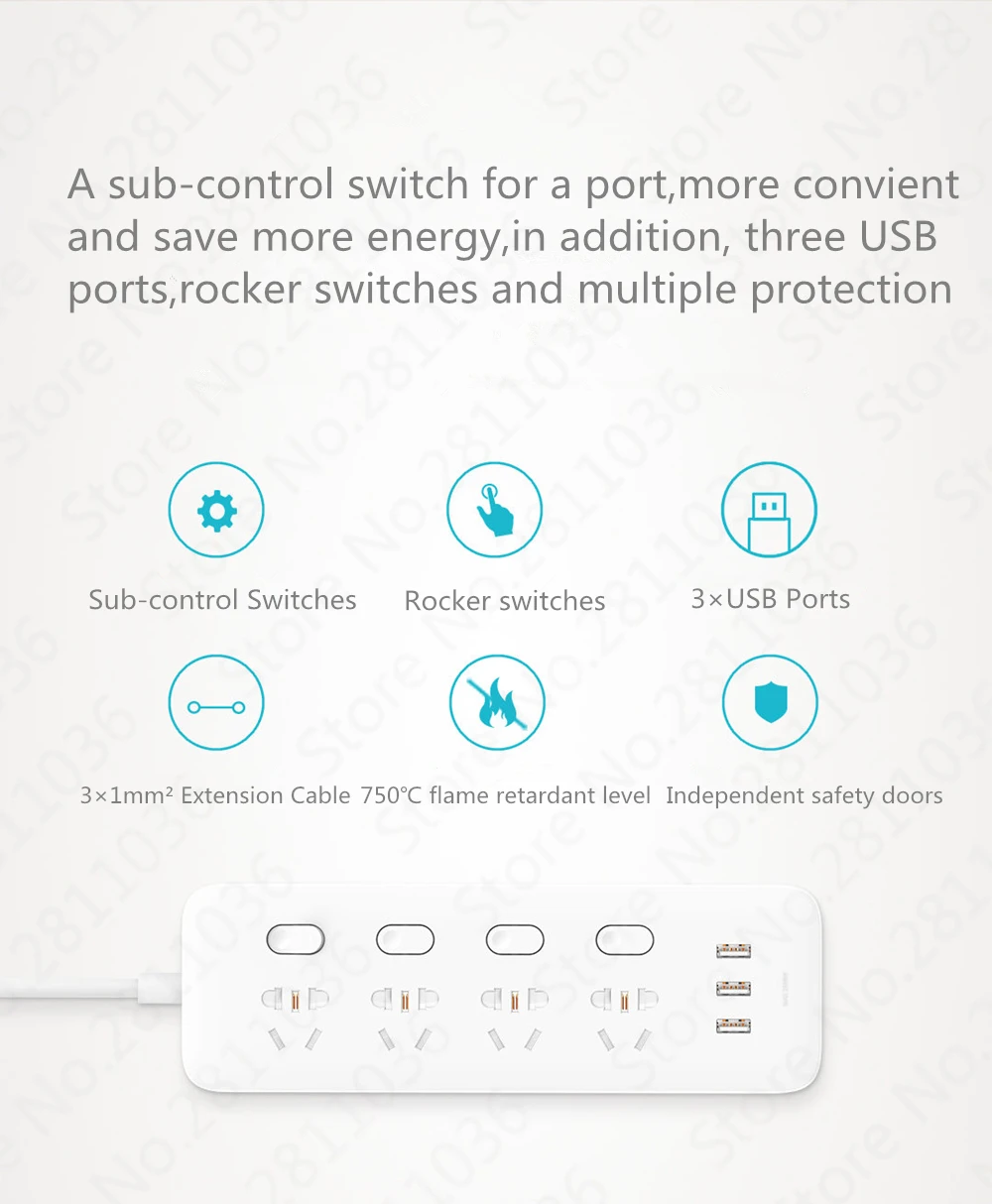 Xiao mi jia mi power Strip 2.1A Быстрая зарядка 3 USB удлинитель штепсельная вилка стандартные электрические розетки переключатель управления