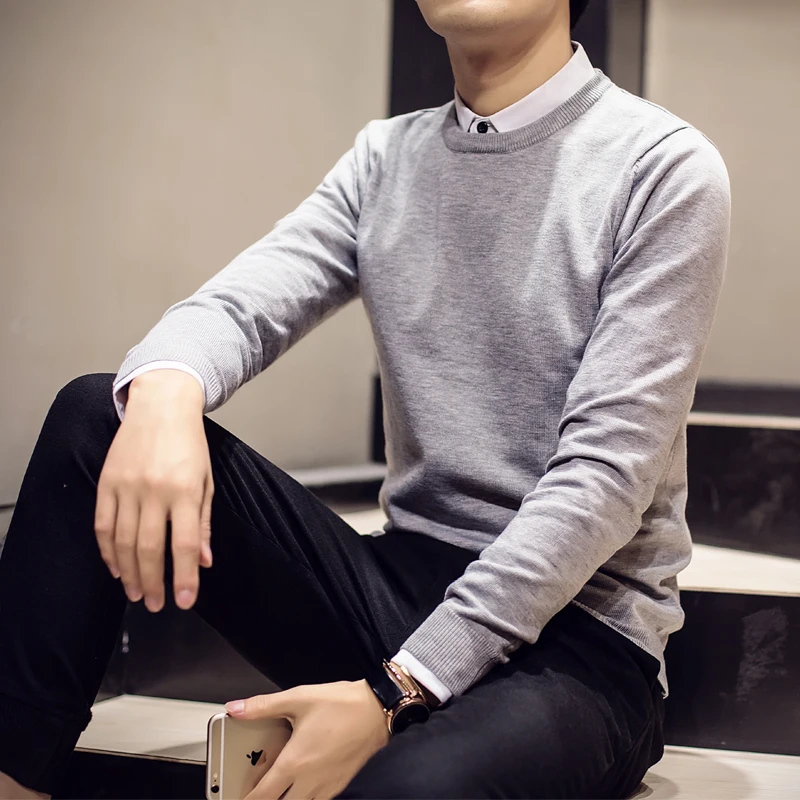 Мужской однотонный пуловер теплый облегающий Повседневный с круглым вырезом