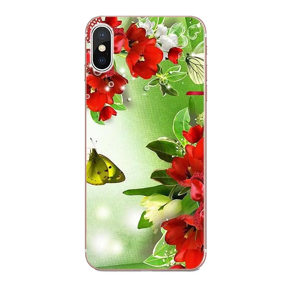 Красная бабочка на белых розах цветок для Apple iPhone X XS Max XR 4 4S 5 5C 5S SE 6 6S 7 8 Plus брокколи