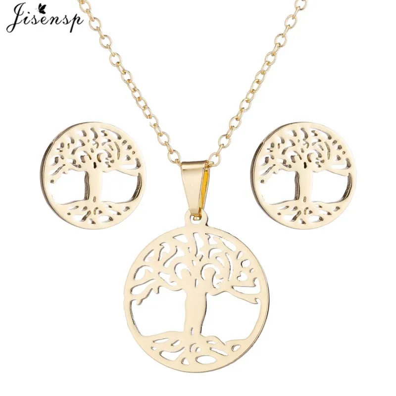 

Набор из колье и серёг Jisensp с изображением Древа Жизни, из нержавеющей стали, круглые, ожерелья, подвески, цепочки, для женщин и мужчин, подаро...