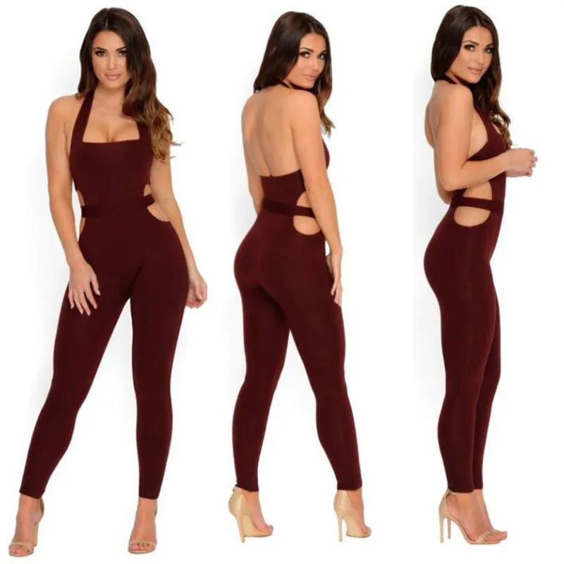 wine red Женские пуш-ап Комбинезоны для фитнеса Combinaison Femme, сексуальный Летний комбинезон без рукавов с открытой спиной, женский комбинезон - Цвет: wine red