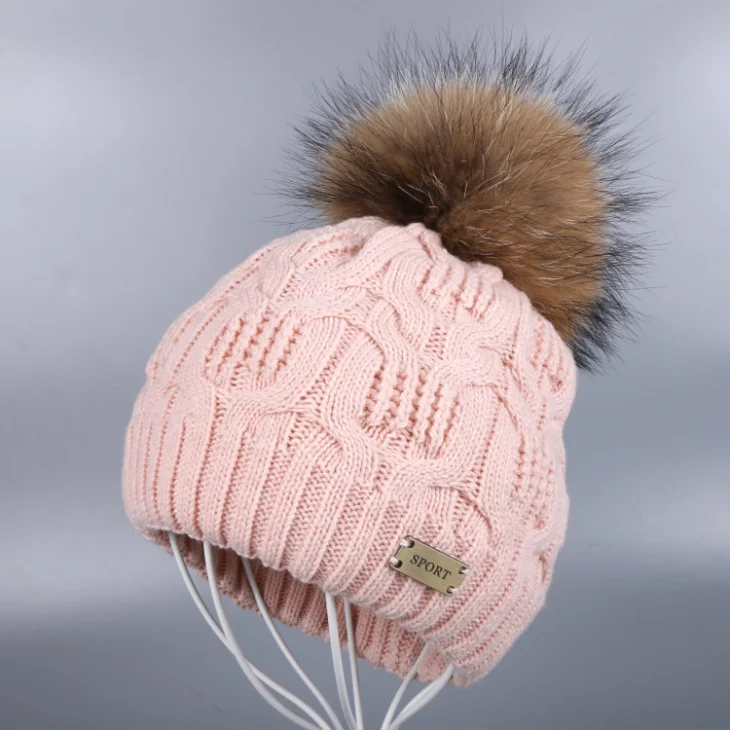 Mink Pom pink hat Новинка, женская зимняя шапка с помпоном, кашемировая пряжа, плетеные шапочки с натуральным лисьим мехом норки, с помпоном, толстая, термальная, для женщин, девушек, skullies gorros - Цвет: Mink Pom pink hat