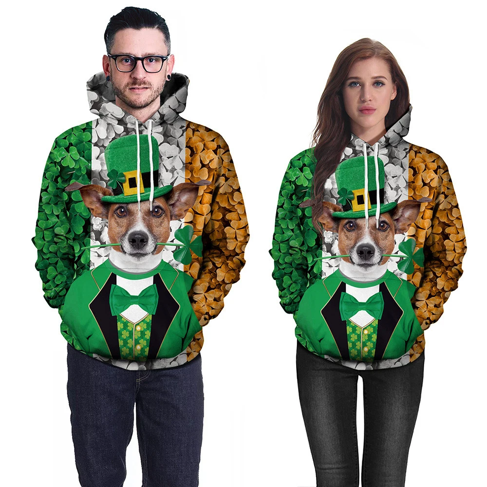 

Lucky Green Clover Hoodies Women Sweatshirt Dog With Cap St. Patrick's Day Funny 3D Frinted Hoodie Long Sleeve Harajuku