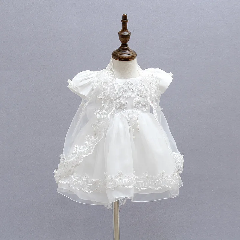 Крестильное платье для маленьких девочек, платье+ шляпа+ шаль, Vestidos Infantis, кружевное платье принцессы для свадебной вечеринки, крещение новорожденного, 3 предмета