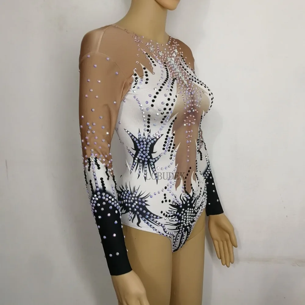 Sparkly Crystals Printing Long Sleeve Bodysuit Sexy Nightclub DJ Women Singer Dance Costume Gymnastic Match Performance | Женская одежда