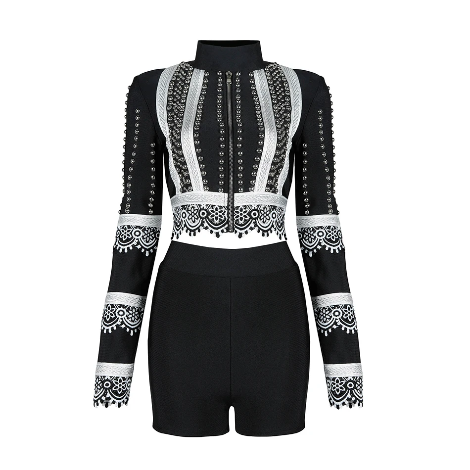 Комбинезон 2020 Sexy Rompers Women Brand Short Jumpsuit Long Sleeve Bodycon Sequin Beaded Lace Pattern Playsuit.