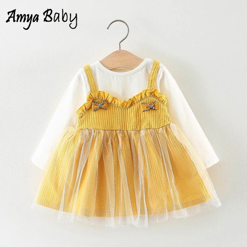 AmyaBaby с длинным рукавом Платье для маленьких девочек хлопок сетки принцесса пачка