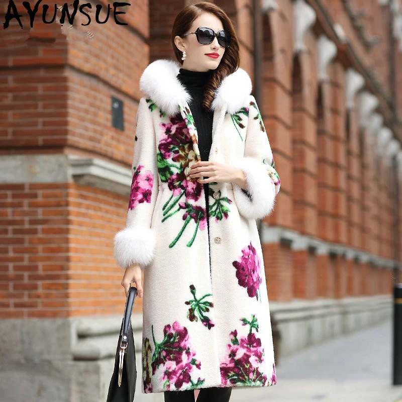 

AYUNSUE Real Sheep Shearling Fur Coat Female Fox Fur Collar Real Wool Coats 2020 Winter Jacket Women Floral Korean Long Coat MY