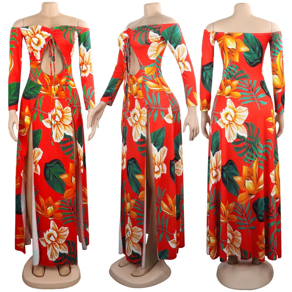 Women Printing Dress Sexy Off Shoulder Backless Cut Out Chest High Split Dresses Club Fashion Wear Night Floral Robes | Женская одежда