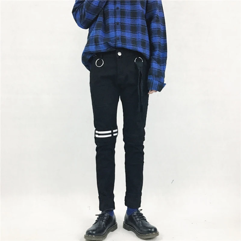 Black VERSMA корейский Ulzzang Harajuku SUGA узкие джинсы брюки High Street GD Ribbon Дизайнерские мужские байкерские джинсовые брюки узкие брюки - Цвет: Black